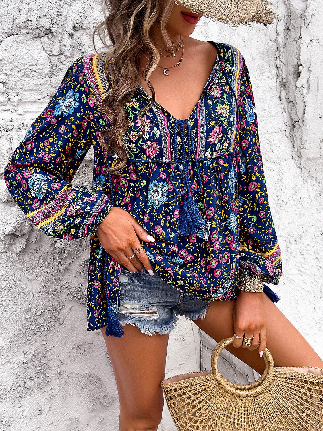 Explore More  Collection - Printed Tie Neck Long Sleeve Blouse
