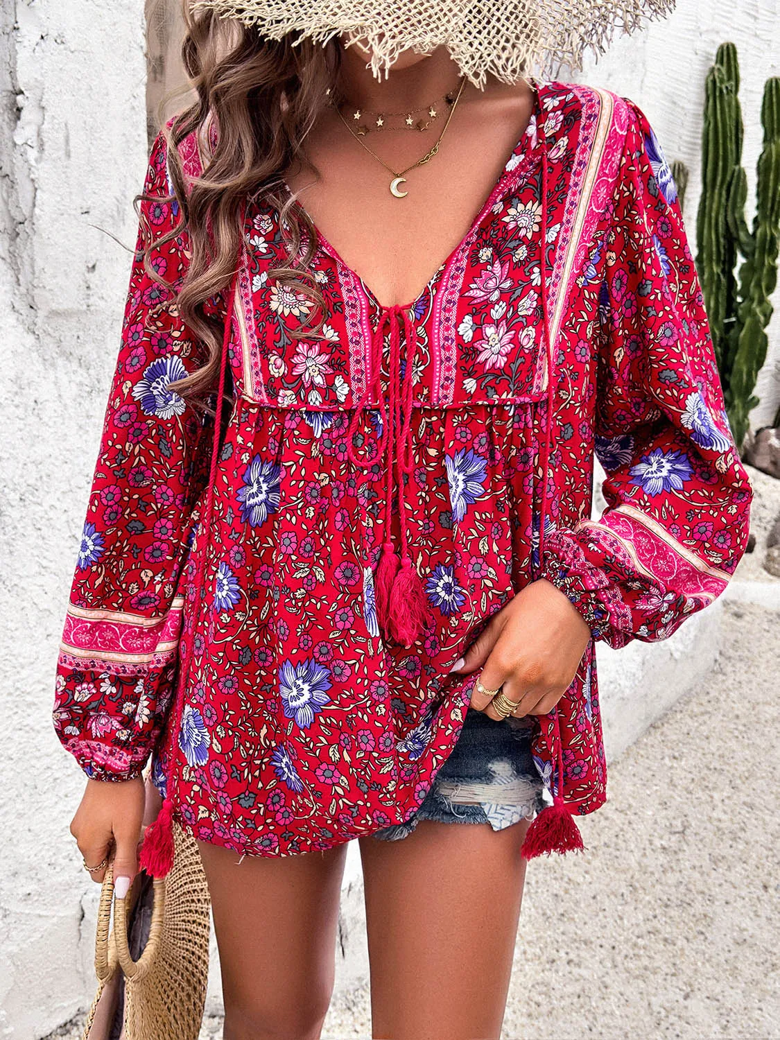Explore More  Collection - Printed Tie Neck Long Sleeve Blouse
