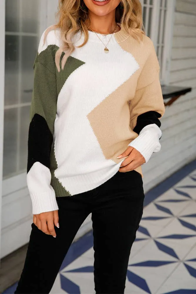 Geometric Color Block Pullover Sweaters JYYS008: Brown