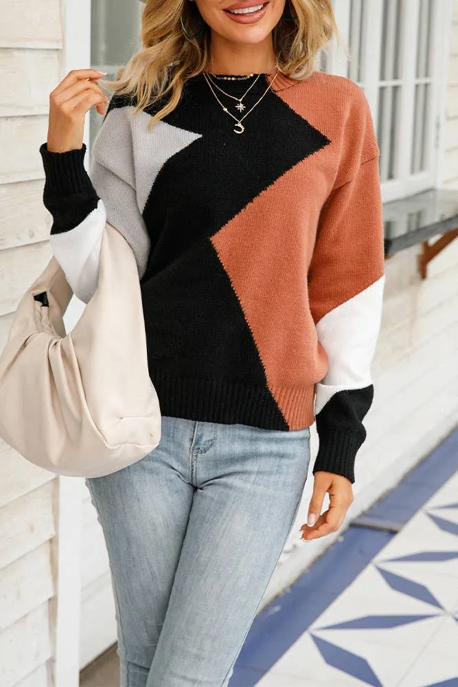 Geometric Color Block Pullover Sweaters JYYS008: Brown