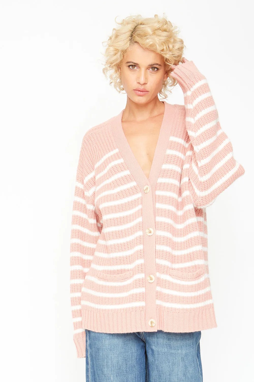 Grandpa Cardigan Sweater - Pink and White Stripe