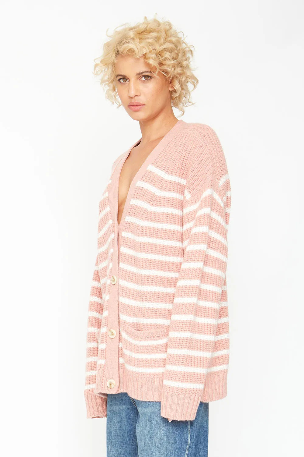 Grandpa Cardigan Sweater - Pink and White Stripe