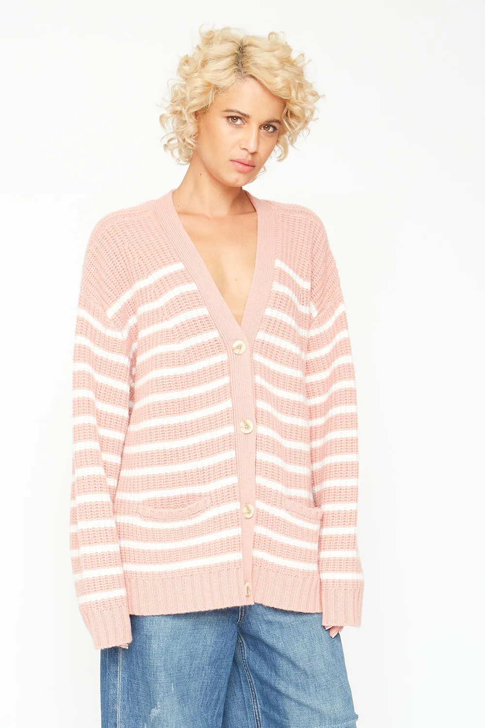 Grandpa Cardigan Sweater - Pink and White Stripe