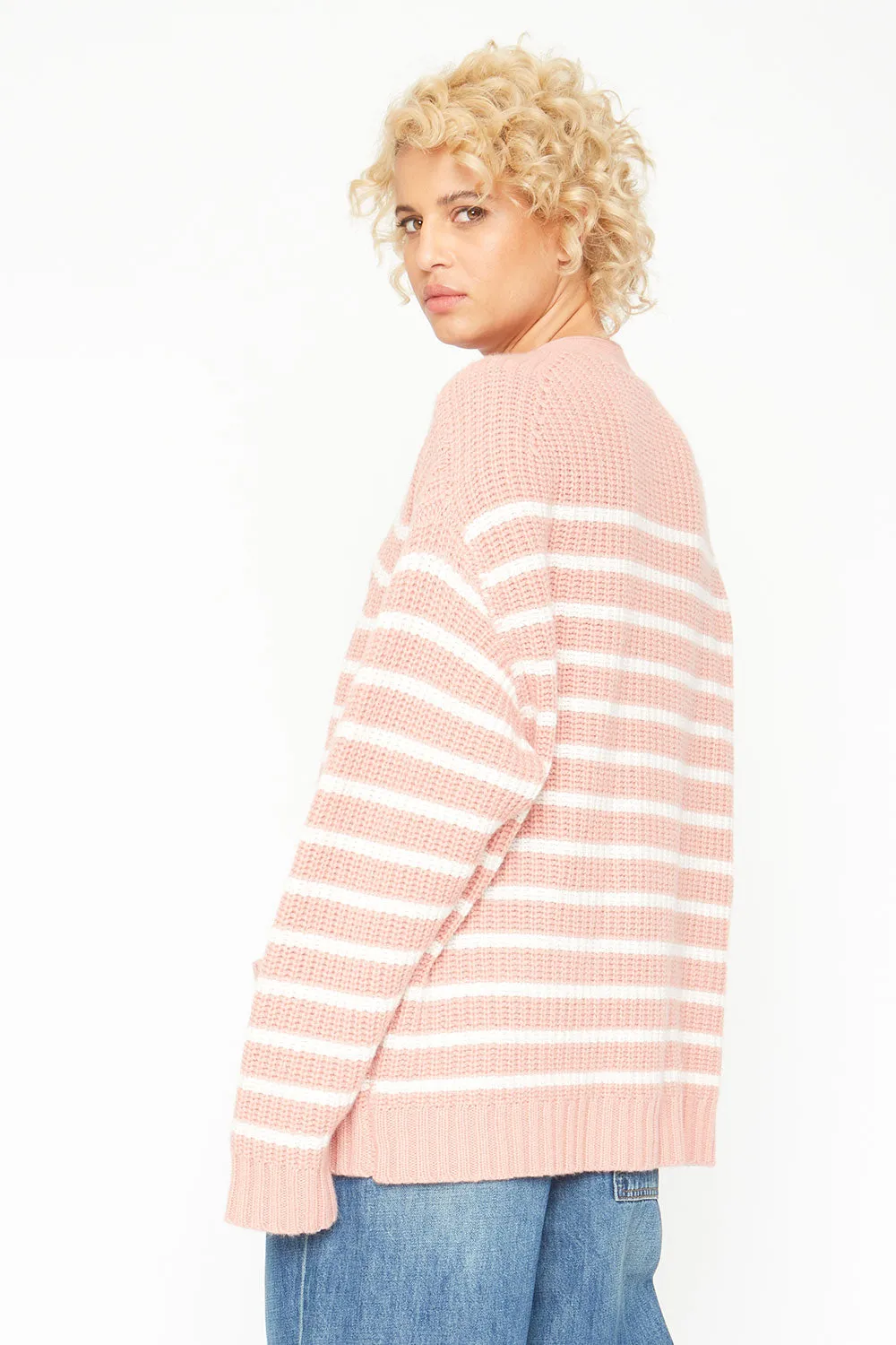 Grandpa Cardigan Sweater - Pink and White Stripe