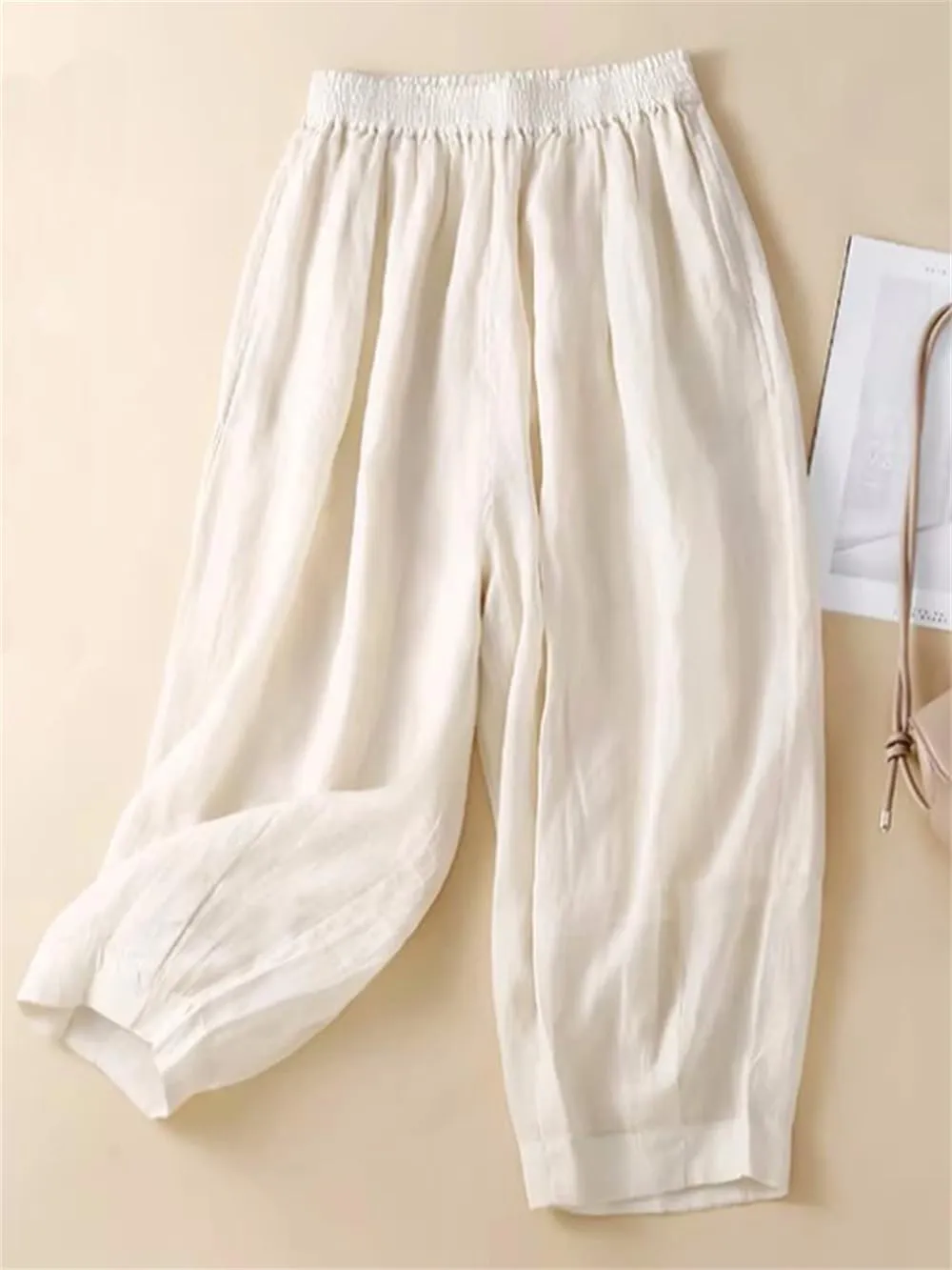 Hndudnff Women Casual Solid Double Layers Trousers Summer High Waist Cotton Harem Pants