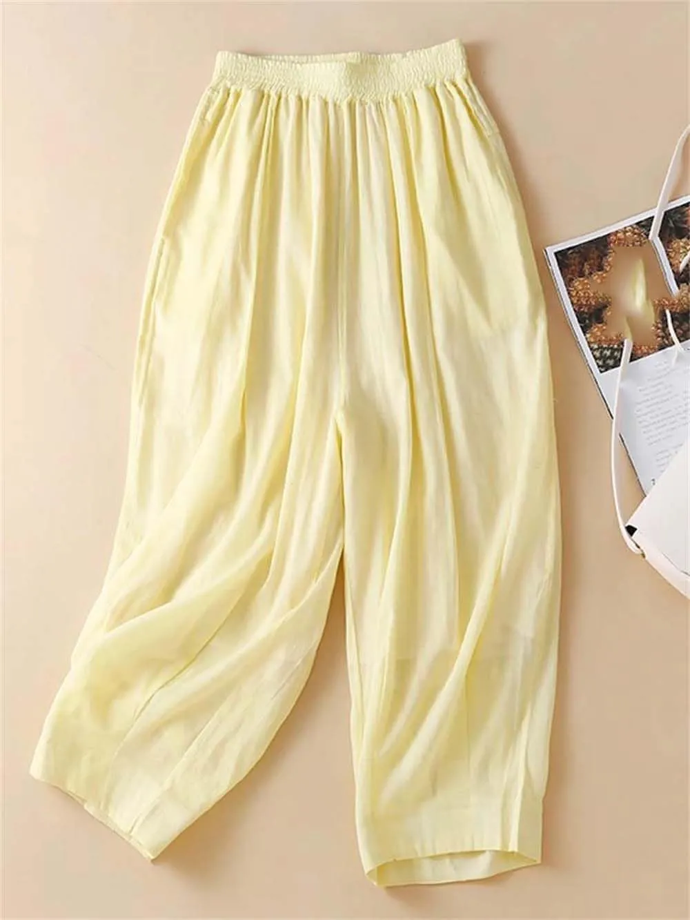 Hndudnff Women Casual Solid Double Layers Trousers Summer High Waist Cotton Harem Pants