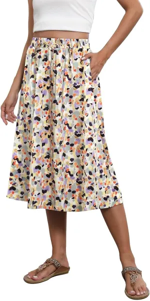 Midi Skirts for Women Trendy Summer Drawstring High Waisted Floral Boho Skirts Cute A Line Flowy Skirt with Pockets