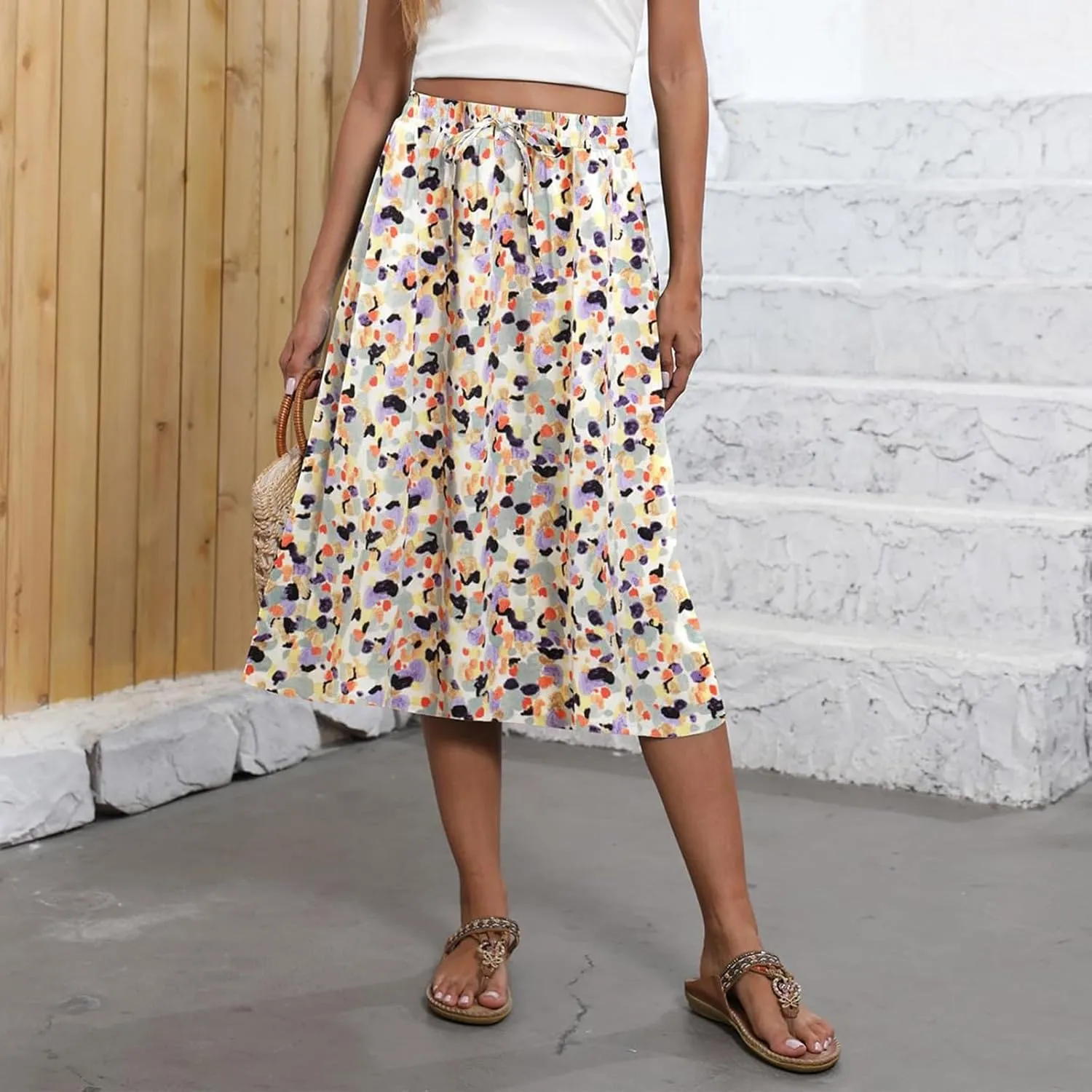 Midi Skirts for Women Trendy Summer Drawstring High Waisted Floral Boho Skirts Cute A Line Flowy Skirt with Pockets