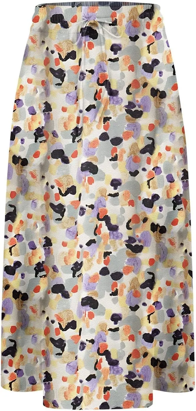 Midi Skirts for Women Trendy Summer Drawstring High Waisted Floral Boho Skirts Cute A Line Flowy Skirt with Pockets