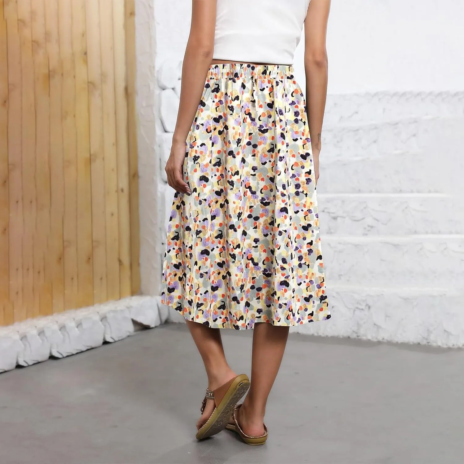 Midi Skirts for Women Trendy Summer Drawstring High Waisted Floral Boho Skirts Cute A Line Flowy Skirt with Pockets