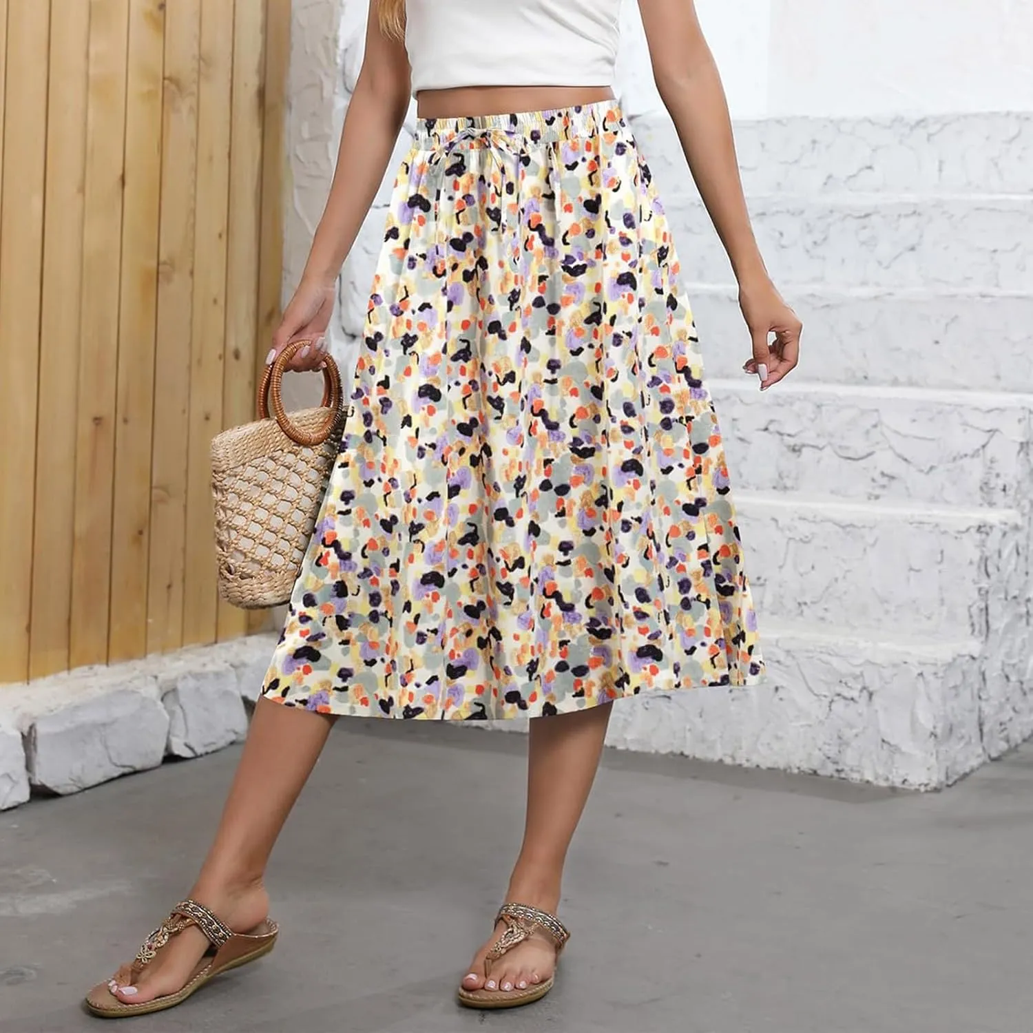 Midi Skirts for Women Trendy Summer Drawstring High Waisted Floral Boho Skirts Cute A Line Flowy Skirt with Pockets