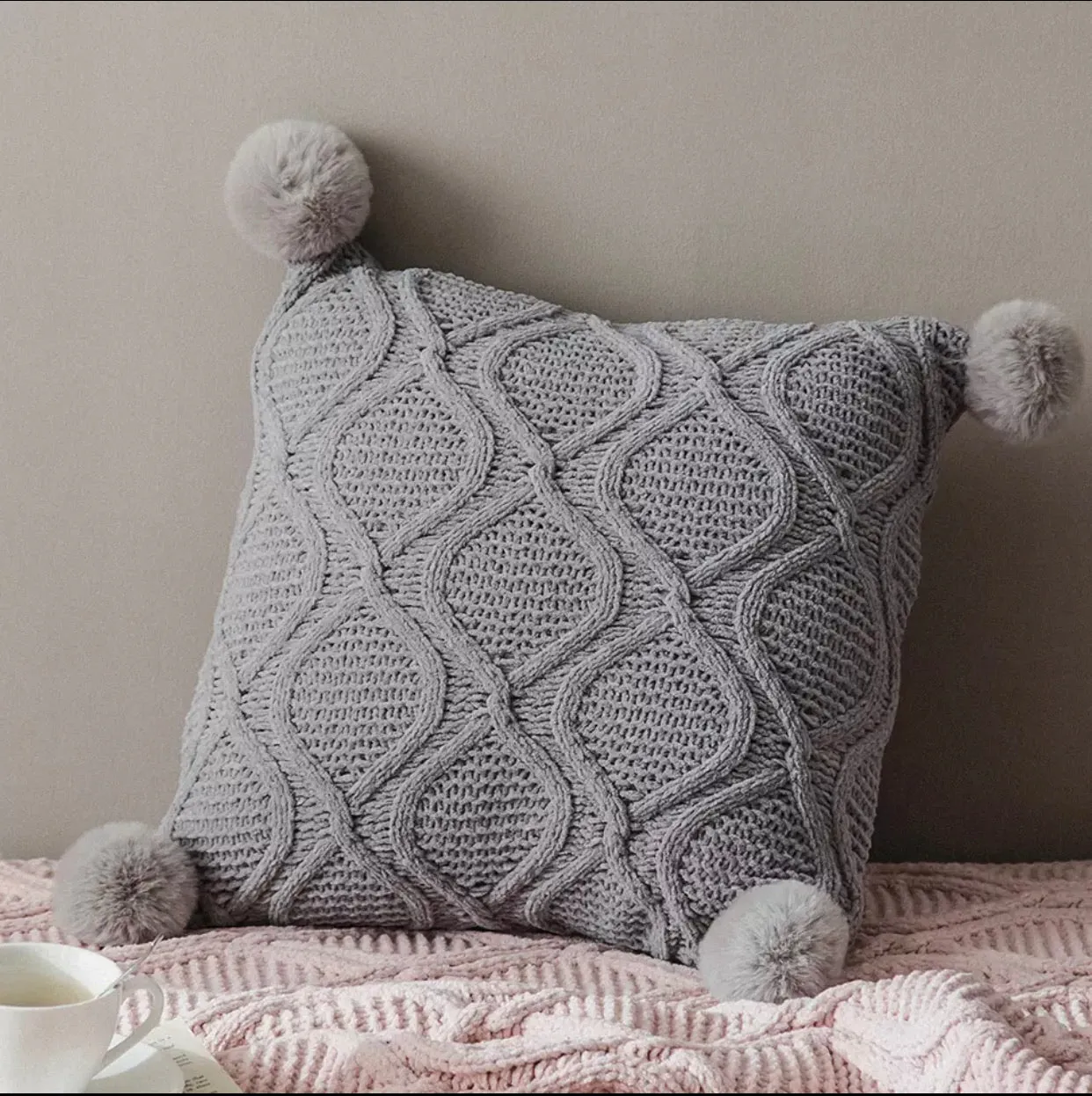 Nordic Cable Knit Pillows with Faux Fur Trim Poms