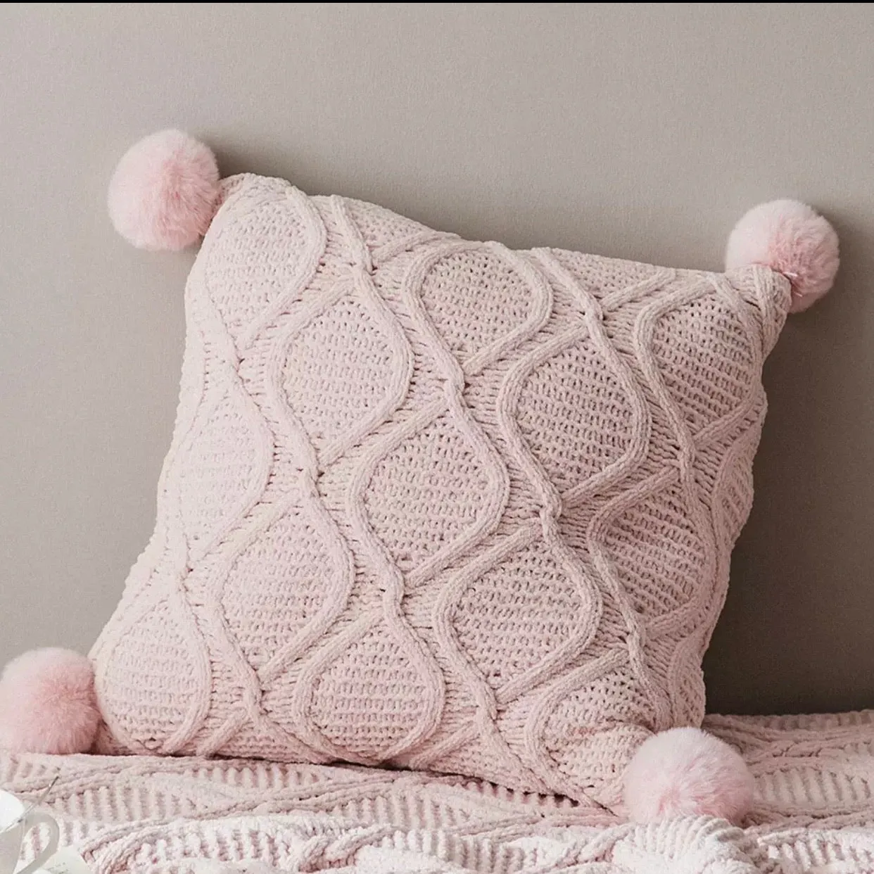 Nordic Cable Knit Pillows with Faux Fur Trim Poms