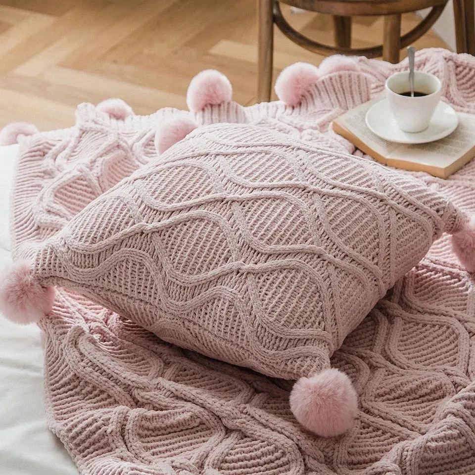 Nordic Cable Knit Pillows with Faux Fur Trim Poms