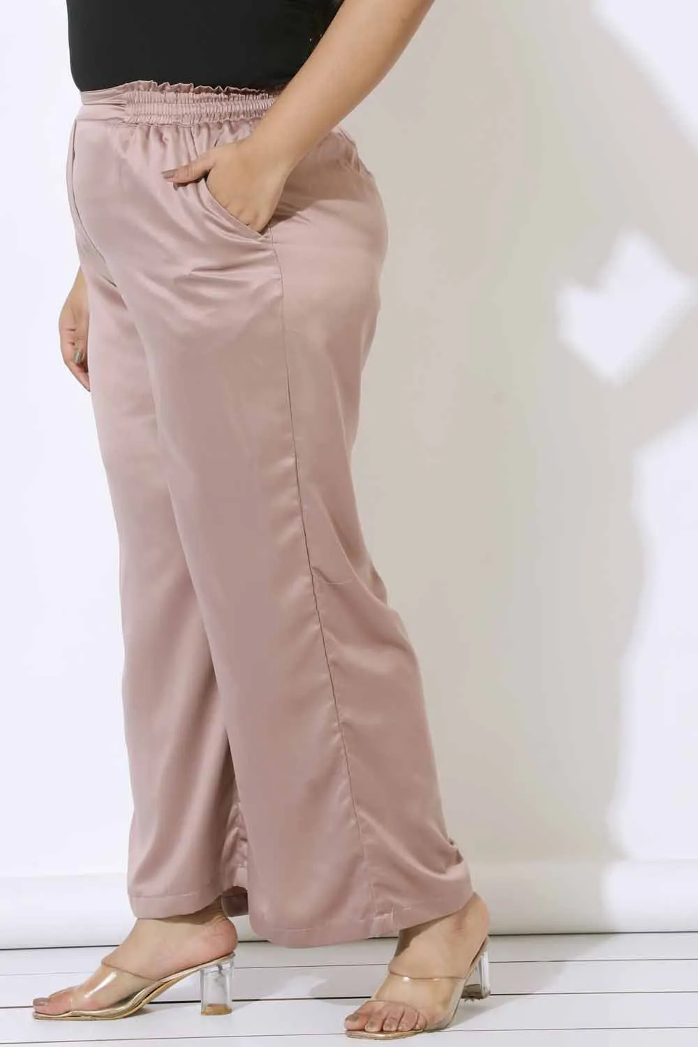 Plus Size Rose Satin High Waist Pants