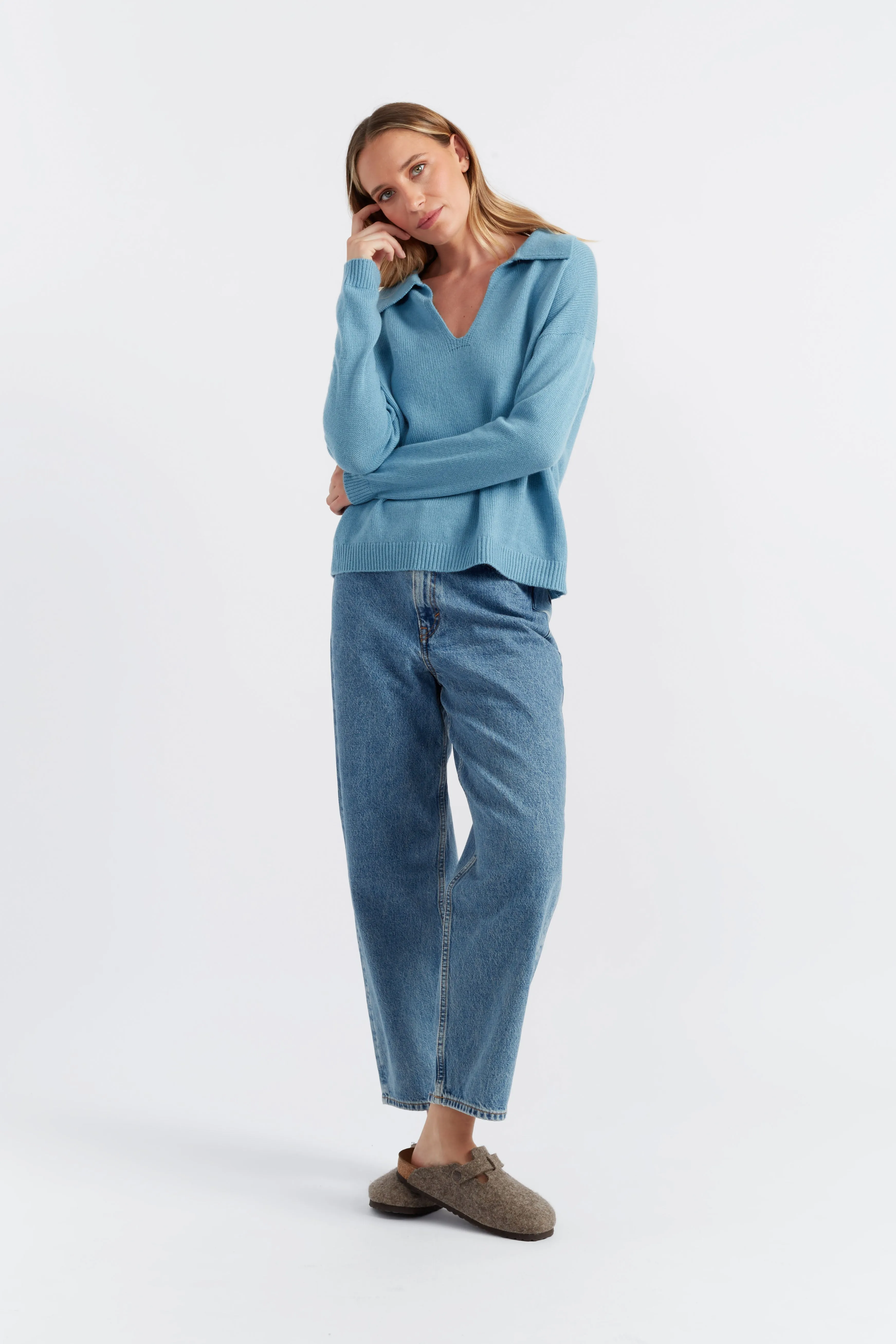 Sky-Blue Cloud Cashmere Collared Sweater