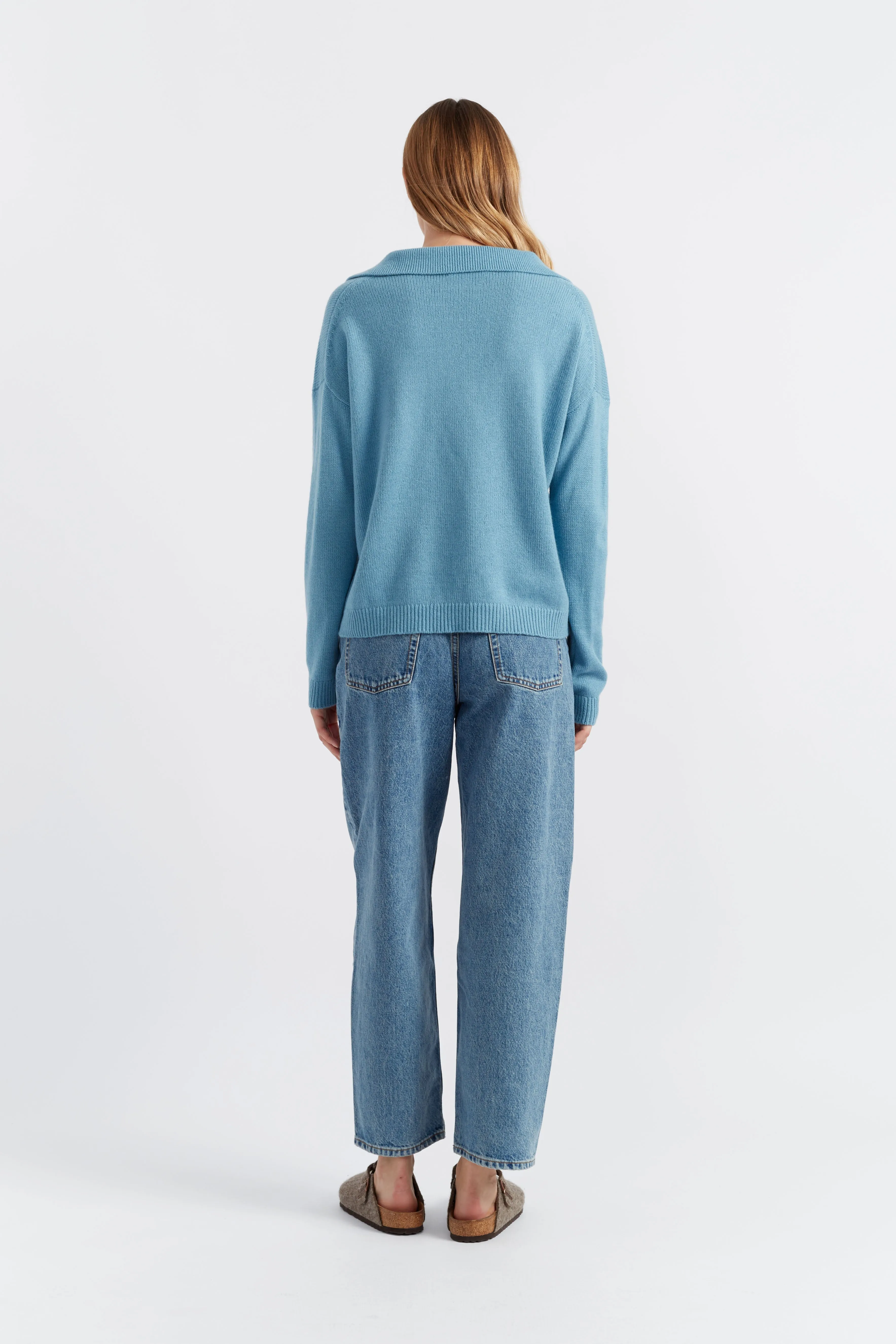Sky-Blue Cloud Cashmere Collared Sweater