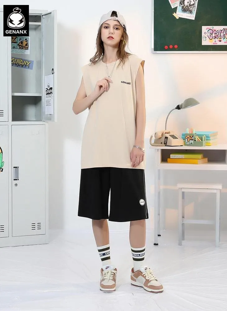 Sports Style Plain Color Block Stripe Logo Label Shorts