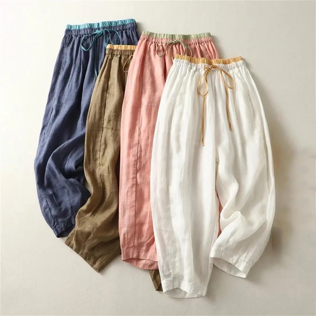 Thin Casual Nine-Quarter Pants Women Drawstring High Waist Sports Harem Pants Loose Bloomers