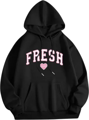 Today's Lightning Womens Oversized Hoodies Casual Letter Printed Long Sleeves Y2K Hooded Pockets Drawstring Sweatshirt Pullovers Comfort Hoodie Graphic Hoodie,Black,XXL