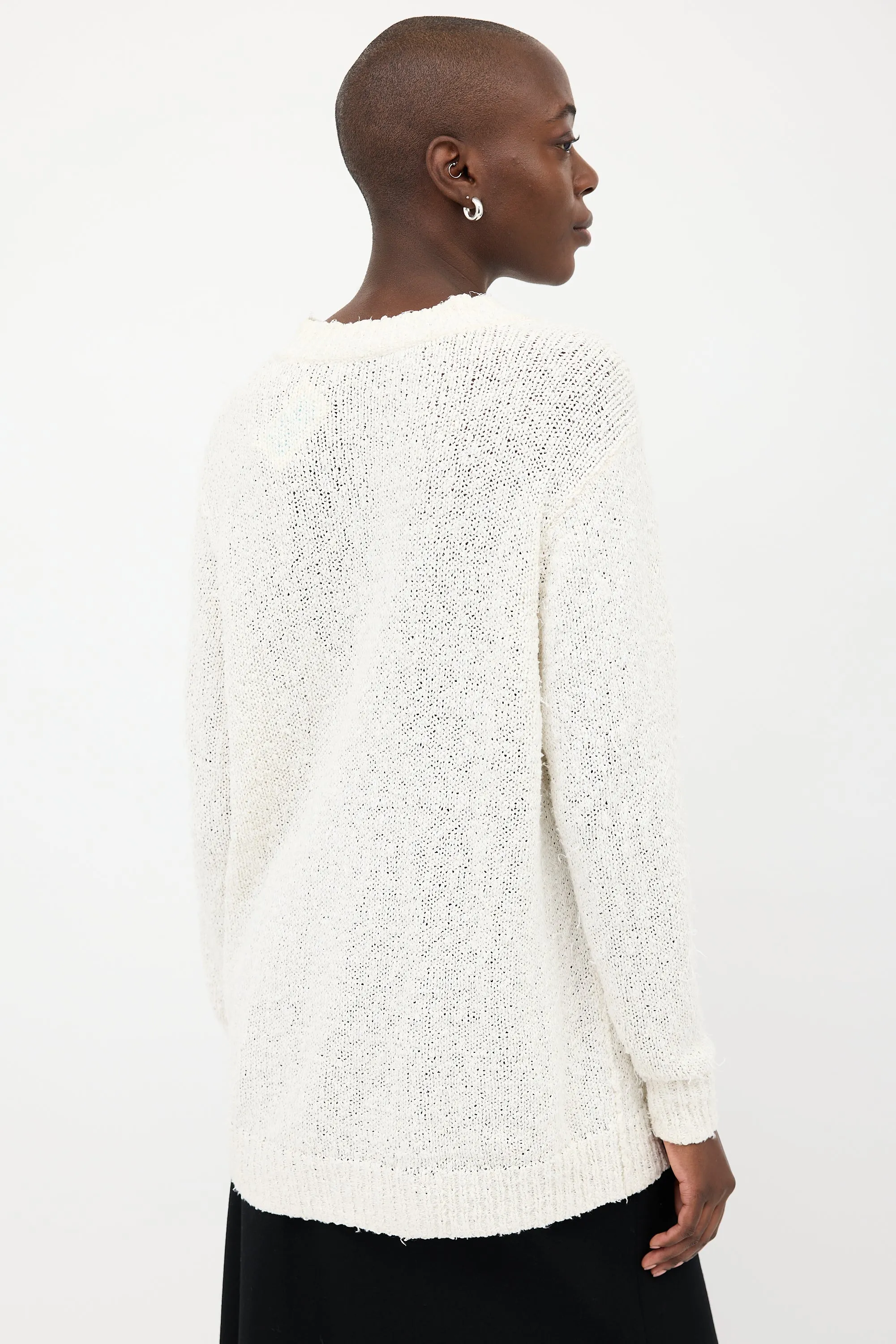 White Textured V-Neck Oversized Sweater