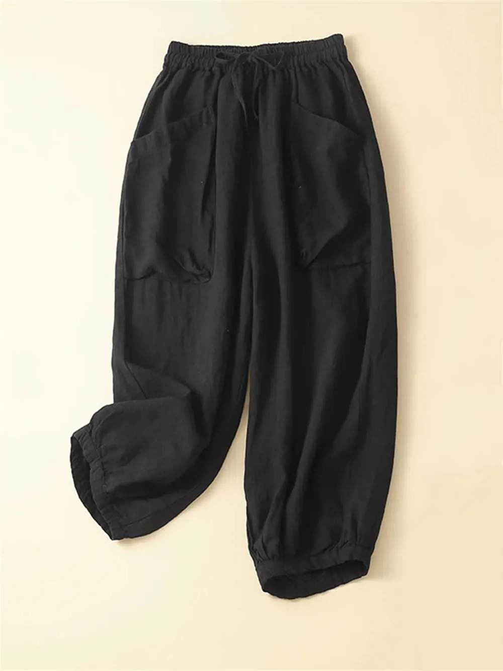 Women Casual Cotton Pants Summer Loose Pockets Elastic High Waist Lantern Harem Trousers