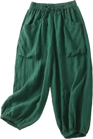 Women Casual Cotton Pants Summer Loose Pockets Elastic High Waist Lantern Harem Trousers