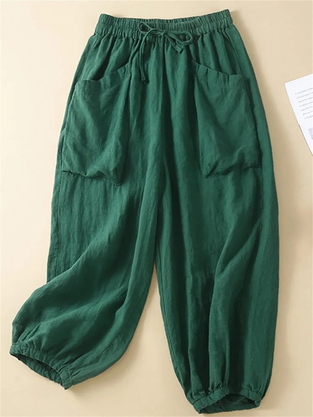 Women Casual Cotton Pants Summer Loose Pockets Elastic High Waist Lantern Harem Trousers