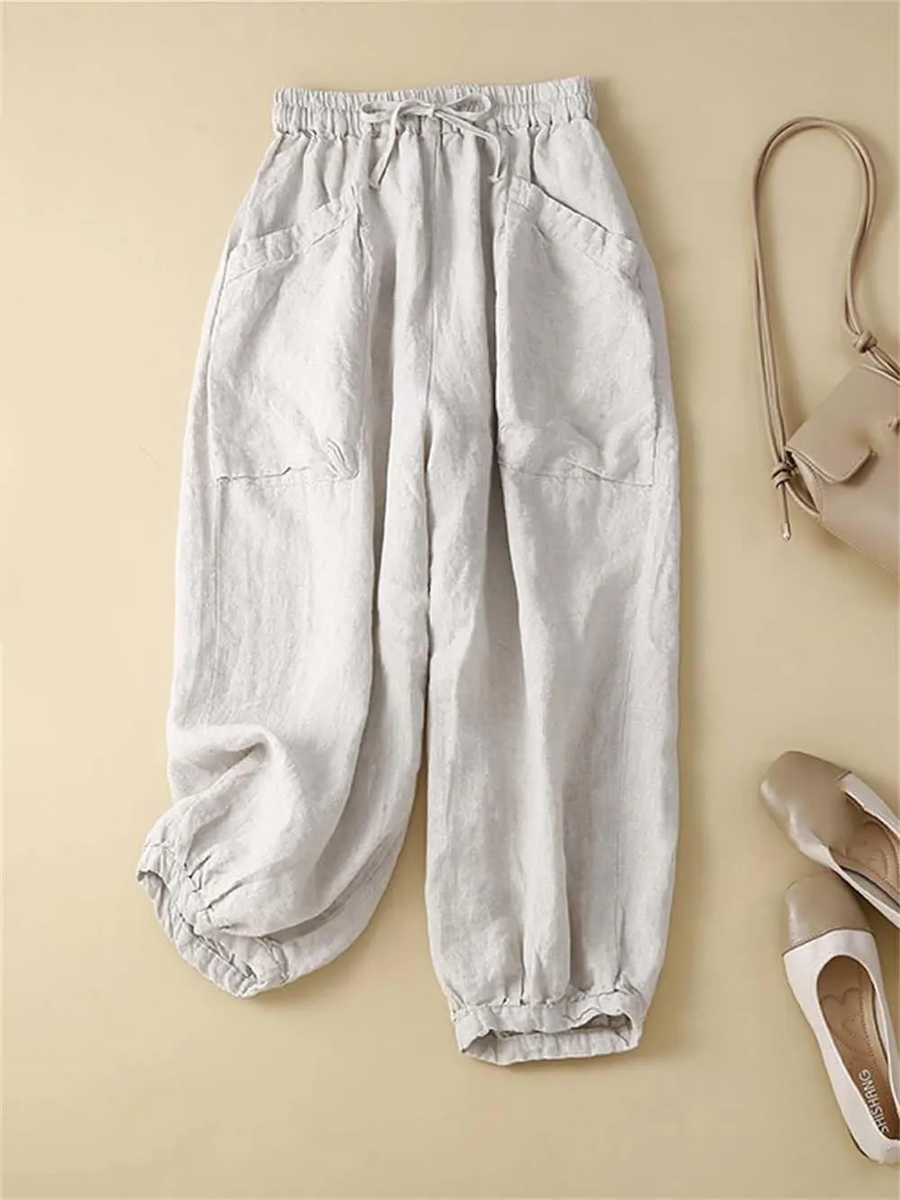 Women Casual Cotton Pants Summer Loose Pockets Elastic High Waist Lantern Harem Trousers
