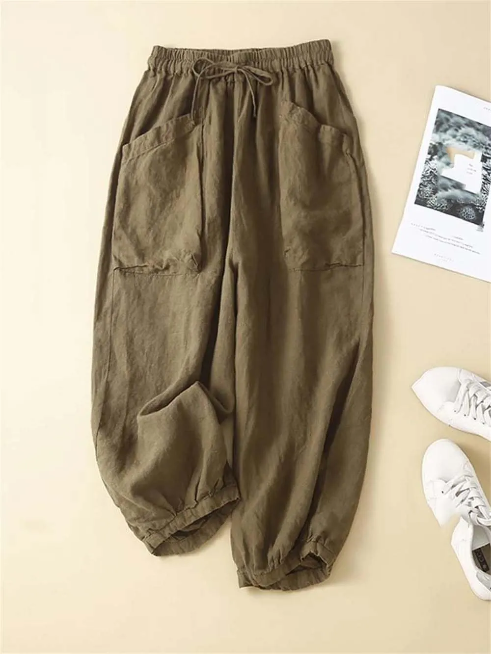 Women Casual Cotton Pants Summer Loose Pockets Elastic High Waist Lantern Harem Trousers