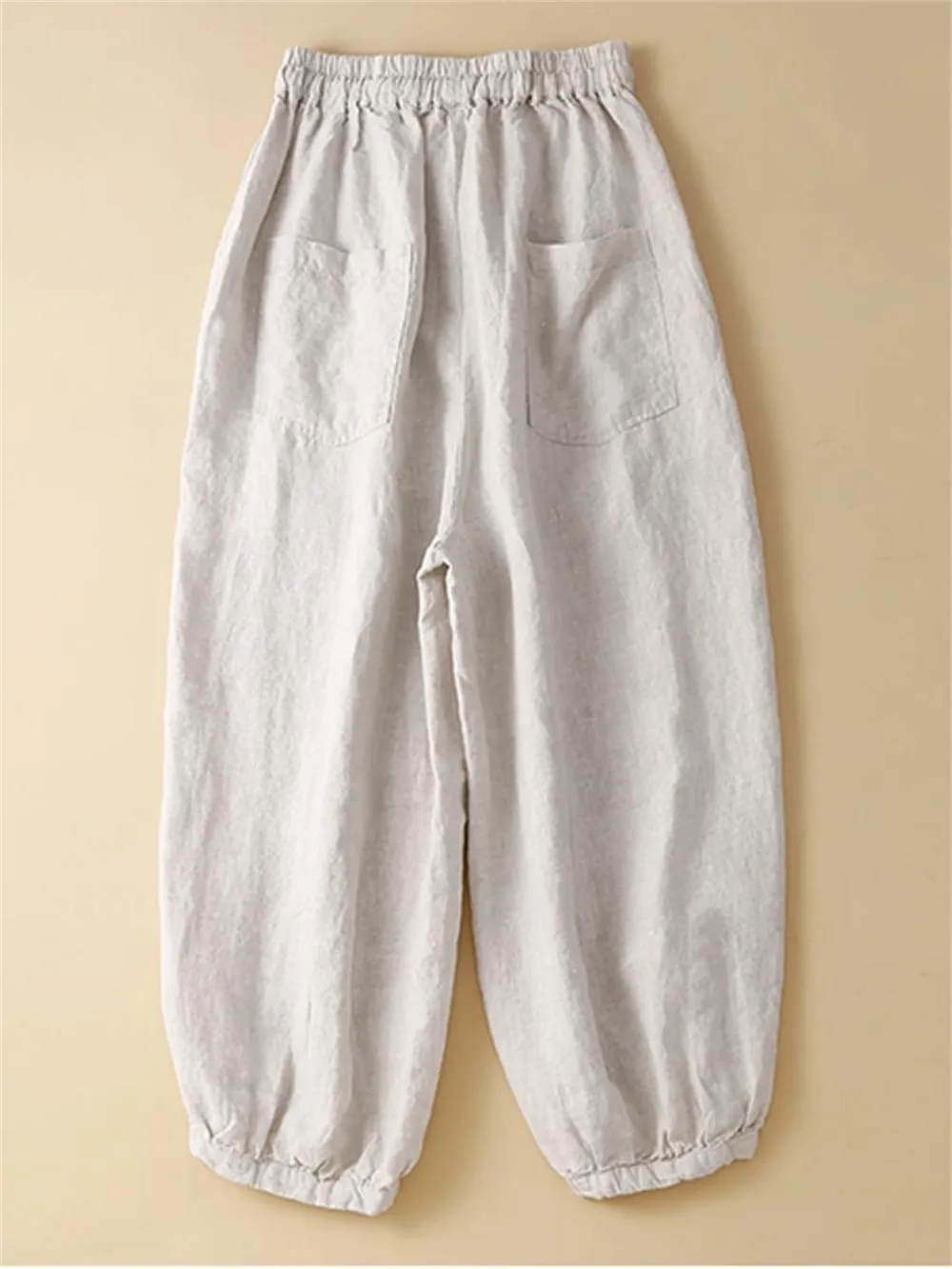 Women Casual Cotton Pants Summer Loose Pockets Elastic High Waist Lantern Harem Trousers