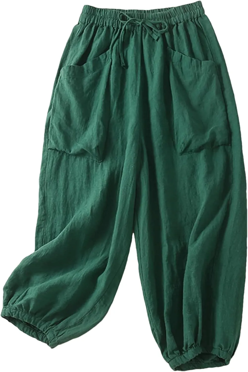 Women Casual Cotton Pants Summer Loose Pockets Elastic High Waist Lantern Harem Trousers