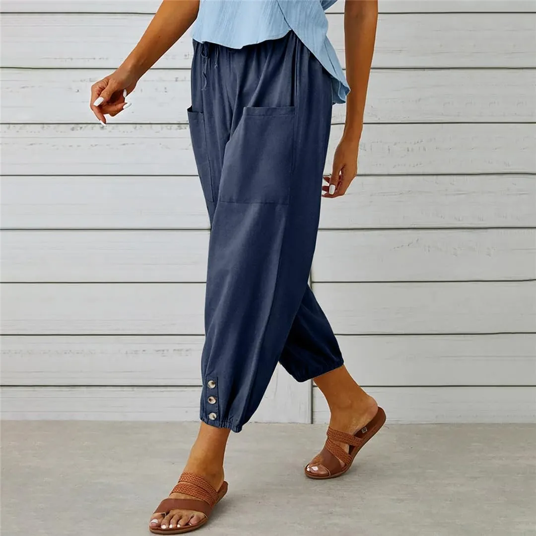 Women Harem Pants Casual Loose High Waist Pocket Trousers Female Vintage Wide Leg Trousers