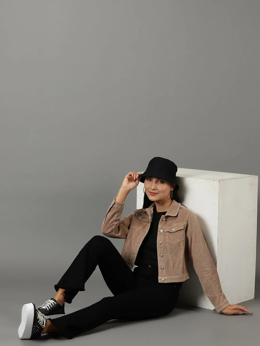 Women Khaki Corduroy Crop Tailored Jacket