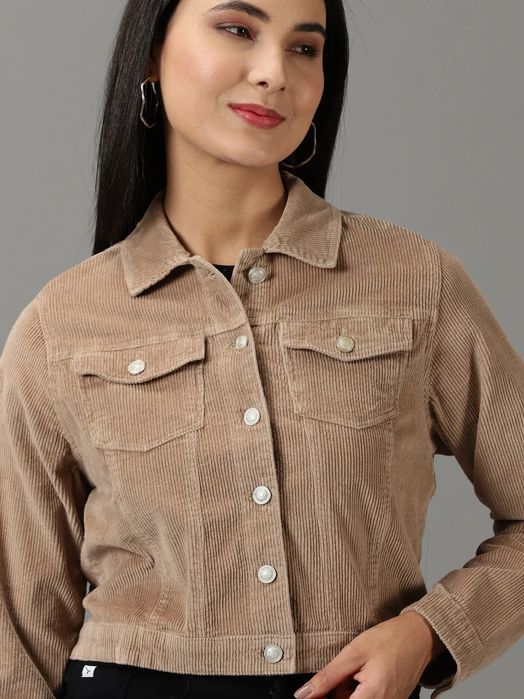 Women Khaki Corduroy Crop Tailored Jacket
