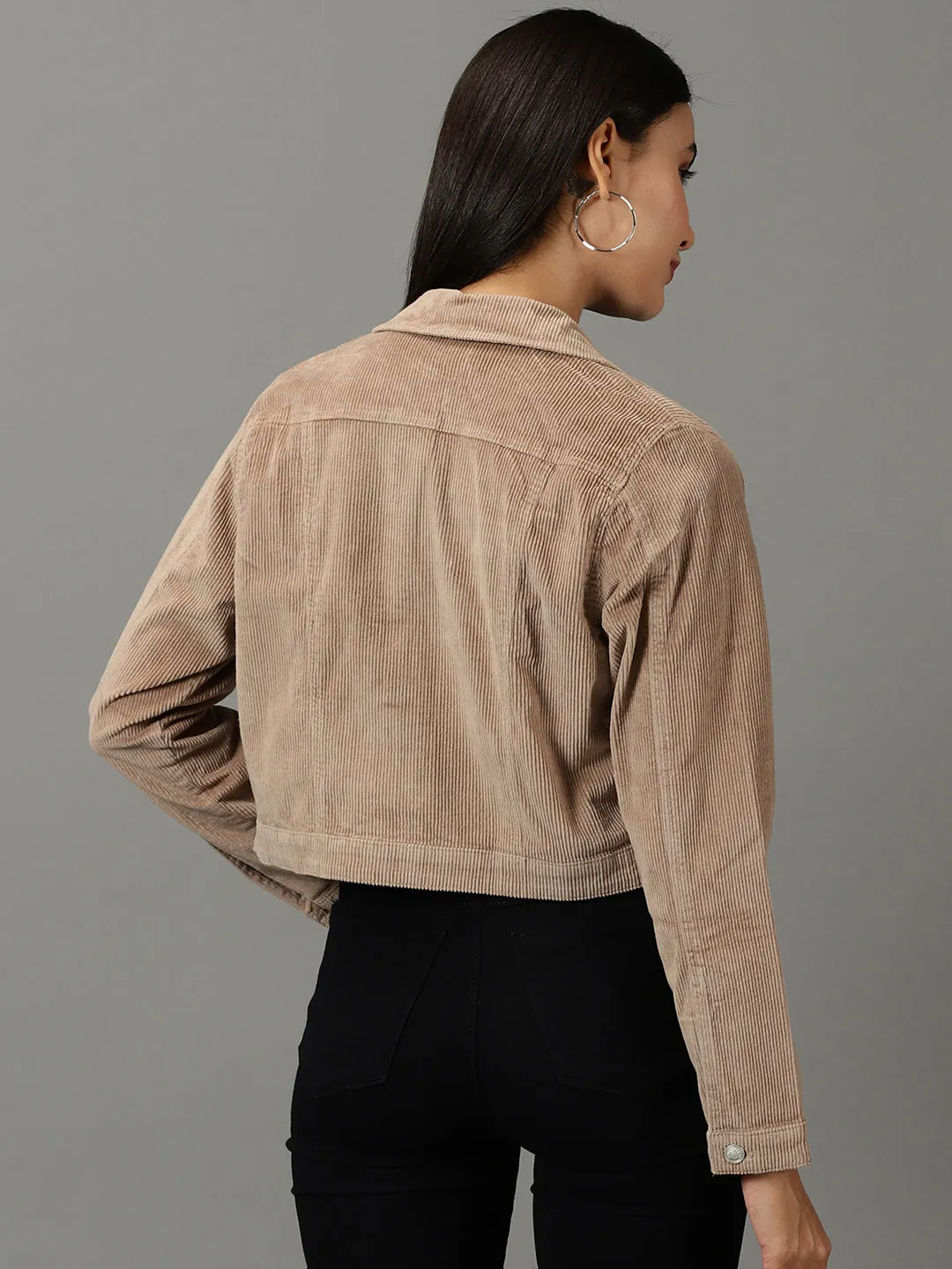 Women Khaki Corduroy Crop Tailored Jacket