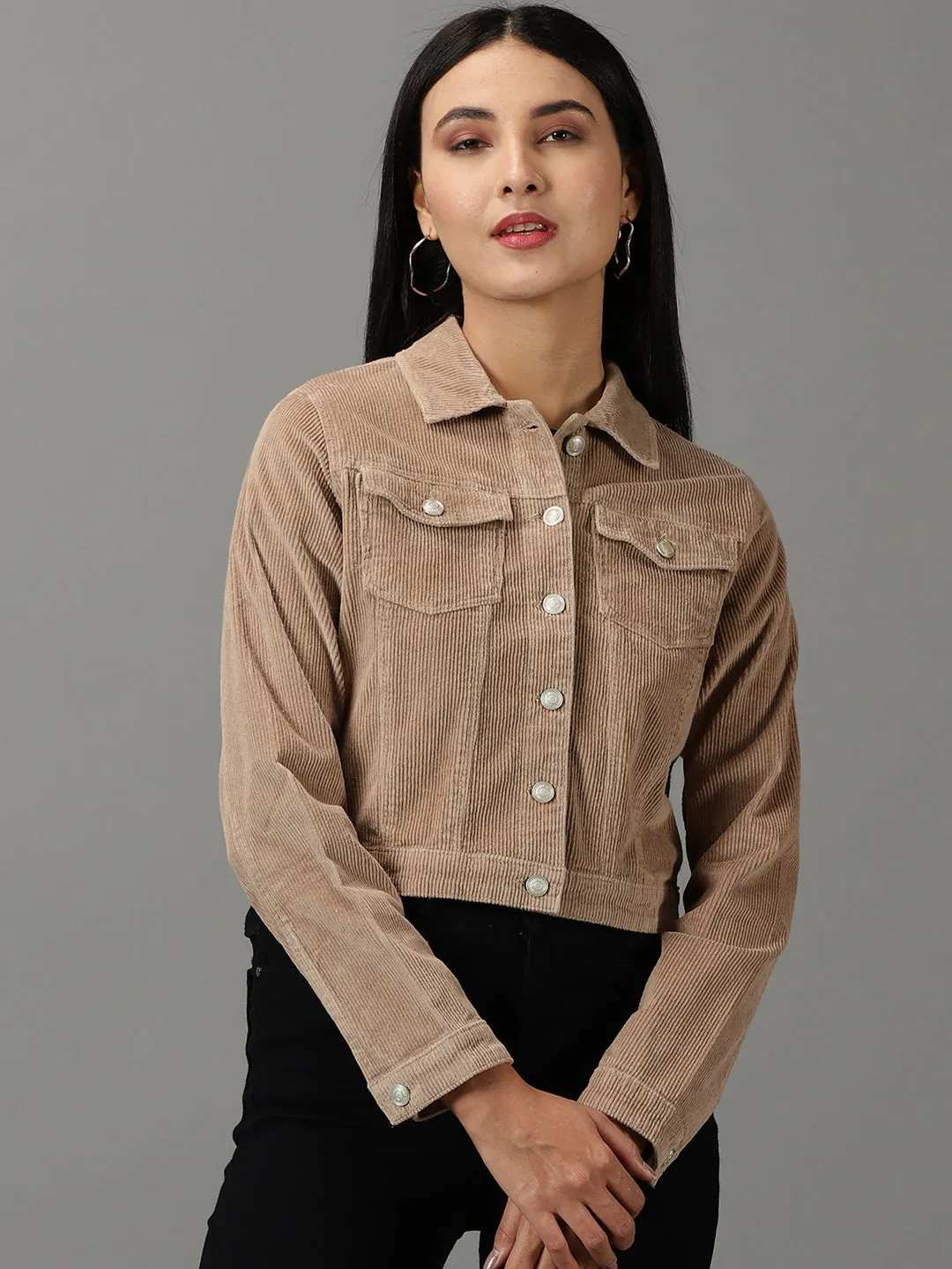 Women Khaki Corduroy Crop Tailored Jacket
