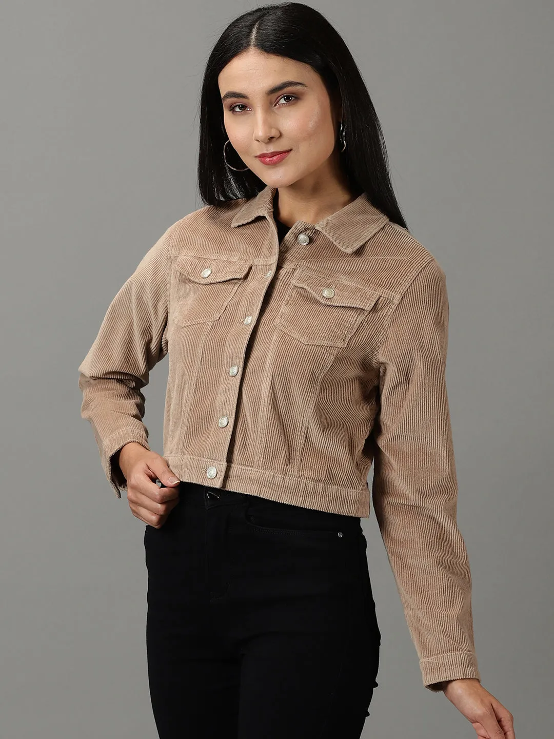 Women Khaki Corduroy Crop Tailored Jacket