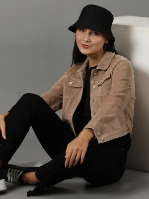 Women Khaki Corduroy Crop Tailored Jacket