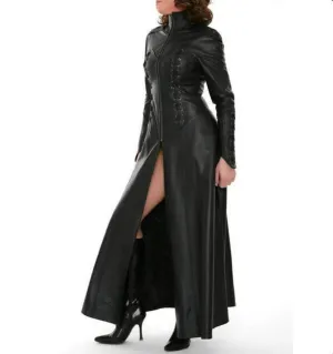 Women's Matrix Black Leather Long Trench Coat