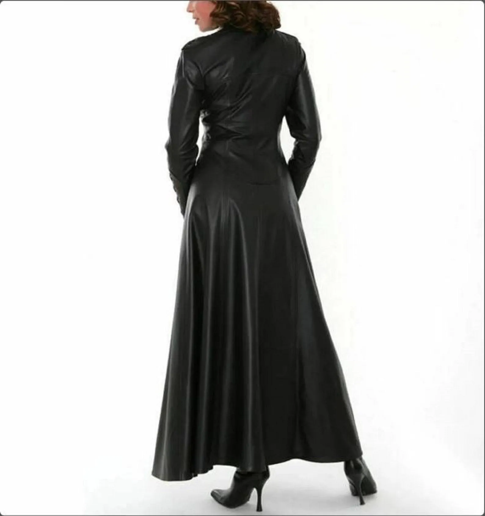 Women's Matrix Black Leather Long Trench Coat