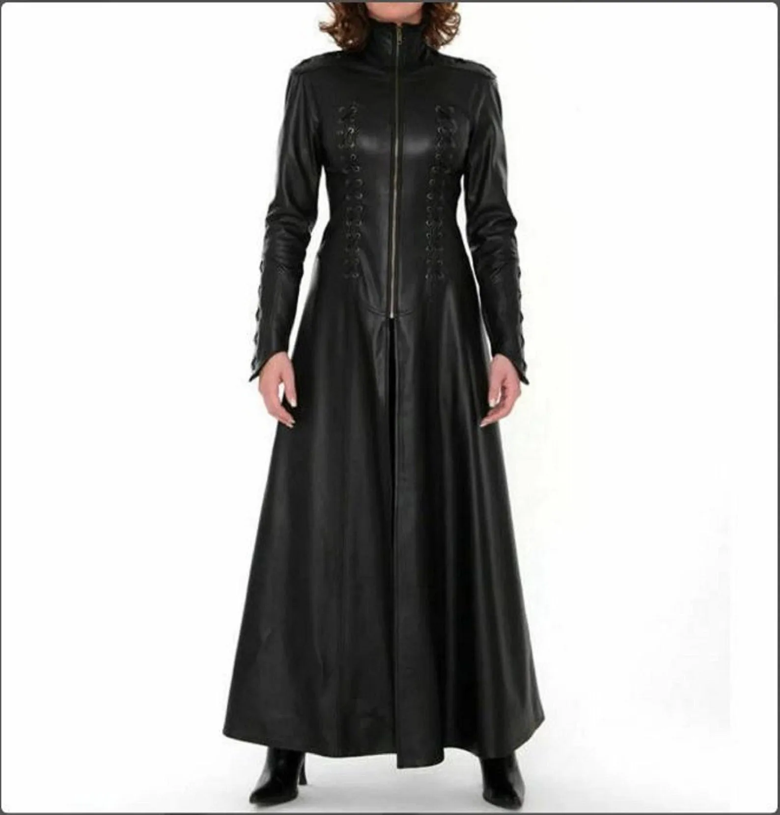 Women's Matrix Black Leather Long Trench Coat