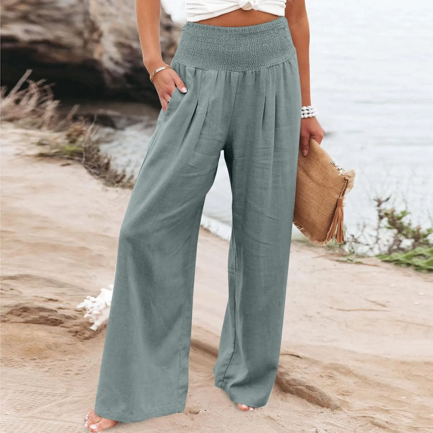 Womens Summer Casual Wide Leg Palazzo Pants Smocked High Waist Loose Lounge Comfy Trousers