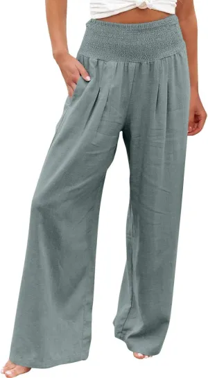 Womens Summer Casual Wide Leg Palazzo Pants Smocked High Waist Loose Lounge Comfy Trousers